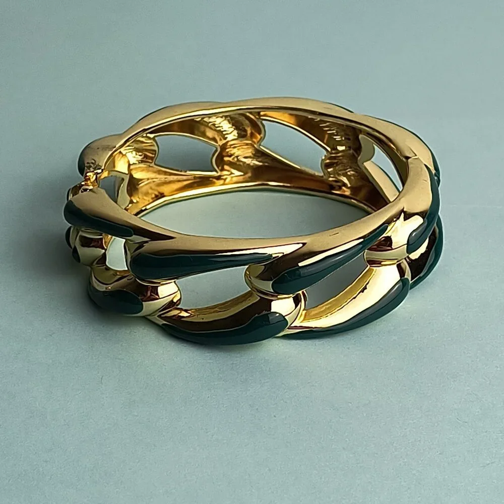 Statement Glam Chain Link Glaze Hinged Bangle Bracelet Oval Emeral Green Gold…